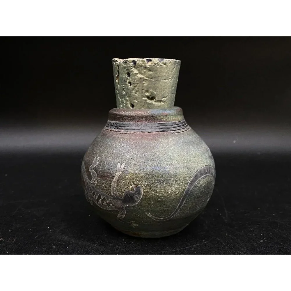 J. Diller Raku Southwestern Art Pottery Vase Jar Gecko Lizard Cork Stopper - Picture 8 of 9